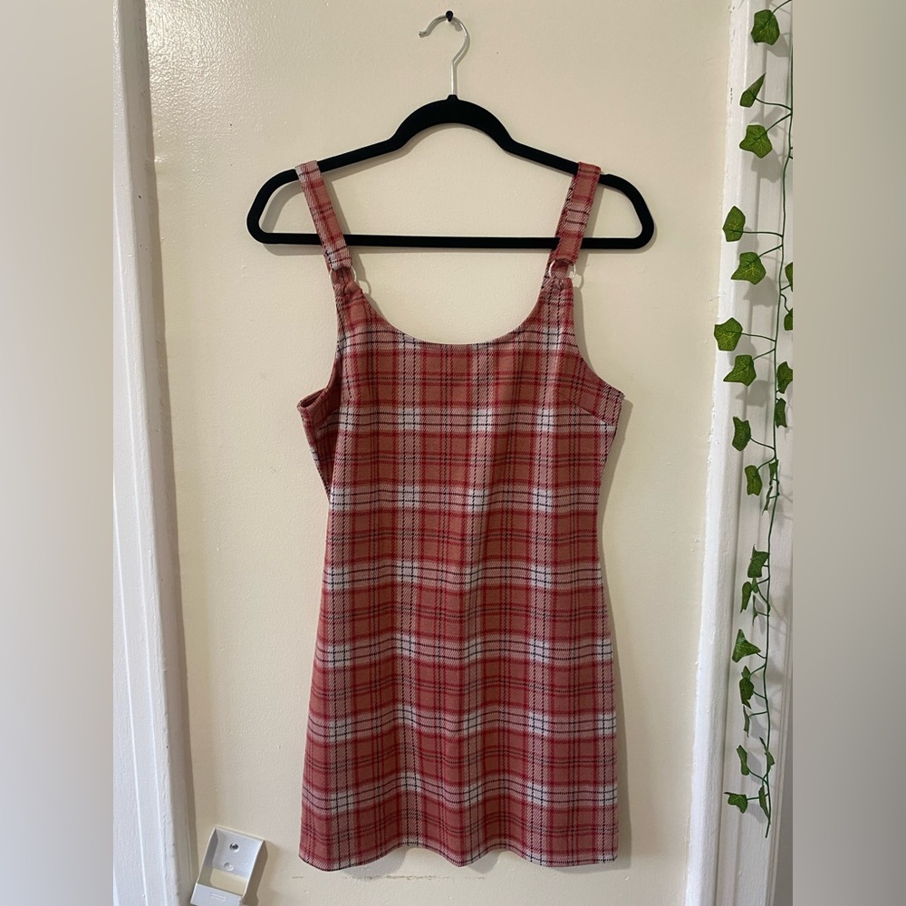 Pink plaid mini overall dress